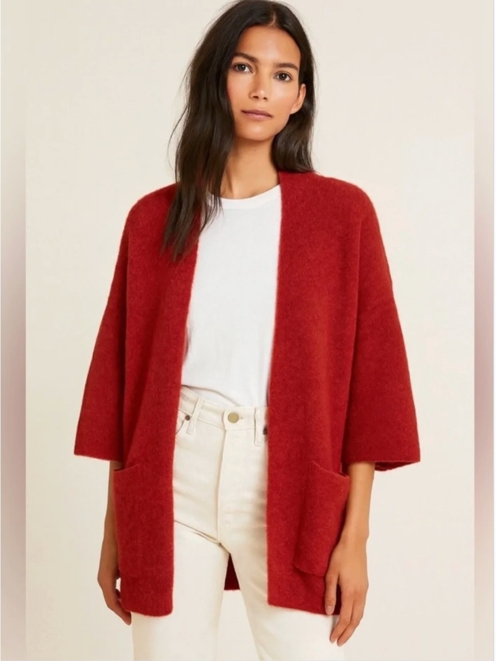Peruvian Connection 100% Royal Alpaca Red Open Front Mid Length Cardigan Large
